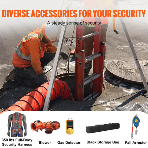 Built Like A Tank Heavy Duty Confined Space Tripod Winch Kit With Secure Harness Portable Air Blower And Smart Gas Detector For No Sweat Emergency Retrieval