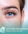 Eyelid Cleanser Wipes, 30 single-use towelettes; mint-green packaging visible bottom-left beside the eye