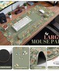 Large Desk Mat With Wrist Rest For Home Office And Gaming, floral design, scalloped edges, ergonomic support, green cottagecore style