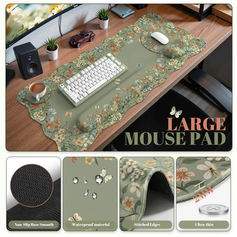 Large Desk Mat With Wrist Rest For Home Office And Gaming, floral design, scalloped edges, ergonomic support, green cottagecore style