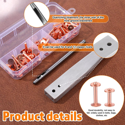 Pro Grade Copper And Brass Leather Rivet Kit 100Pcs All In One With 9 And 12 Rivets Washers Leather Hole Punch Cutter Rivet Setter