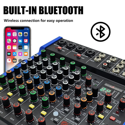 Pro 6 Channel Audio Mixer Console With USB Bluetooth MP3 Input 48V Phantom Power featuring Bluetooth connectivity and controls