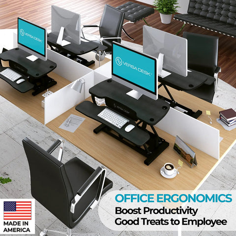 PowerPro 36 Inch Electric Standing Desk Converter for sit to stand with height adjustable riser in office workstation setup