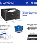 Wireless Compact Monochrome Laser Printer With Duplex Printing And Mobile Printing Black And White Output Alexa Compatible Includes Refresh Trial Budget Friendly For Home Offices And Small Teams box contents
