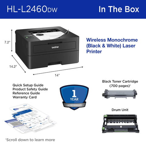 Wireless Compact Monochrome Laser Printer With Duplex Printing And Mobile Printing Black And White Output Alexa Compatible Includes Refresh Trial Budget Friendly For Home Offices And Small Teams box contents
