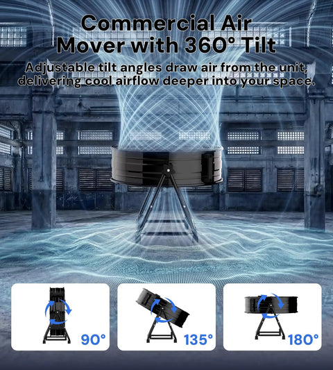 36 Inch High Velocity Industrial Floor Fan With Metal Construction For Garage Shop Or Warehouse Ventilation showcasing 360° tilt angles.