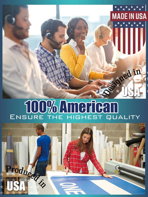 Image depicting design and production team for Personalized Vinyl Banner For Any Occasion with "Made in USA" label.