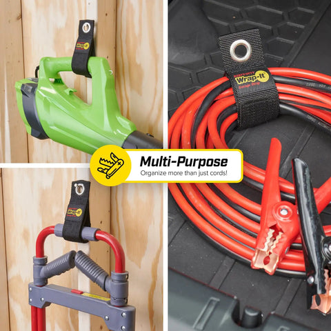 Heavy-Duty Cord Wrap Straps 13 Inch Six Pack securing a green leaf blower, hung on a wall with hook and loop closure.