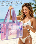 Woman holding Iridescent Clear Jelly Tote Beach Bag For Women Waterproof And Sandproof See Through Pool Bag With Zipper