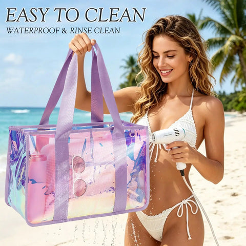 Woman holding Iridescent Clear Jelly Tote Beach Bag For Women Waterproof And Sandproof See Through Pool Bag With Zipper