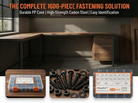 1600-Piece M3 Screw Kit With Hex Socket Button And Cap Head Fasteners, Nuts, Washers, Black 12.9 Grade Alloy Steel Bolts shown in case