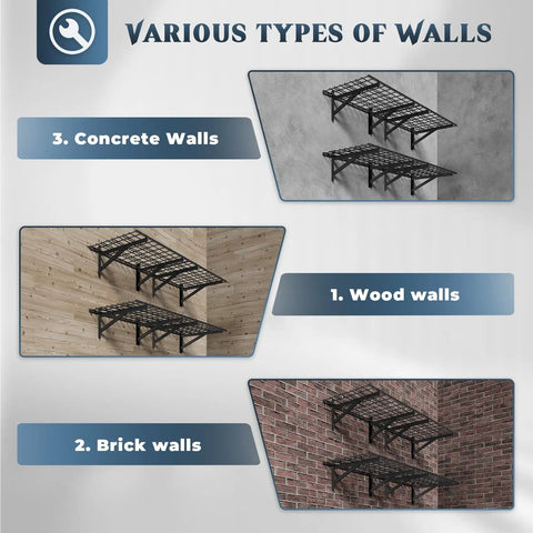 Heavy Duty 4 Pack Garage Wall Shelving Set With 1400Lb Capacity, mounted on wood, brick, and concrete walls, side view.