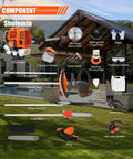 Image showing Beast Mode Gas Powered 6 In 1 Weed Eater Yard Tool components, engine, saw blade, moving head, protective gear, bright orange.