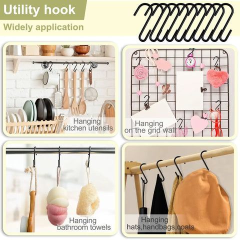 Collage showcasing Heavy Duty S Hooks For Wire Shelves 30 Pack Black Hanging Hooks For Kitchenware Pots Pans Towels Bags.