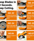 Step-by-step instructions for using Heavy Duty Cordless Electric Scissors With Led Work Light And Safety Lock for blade replacement.