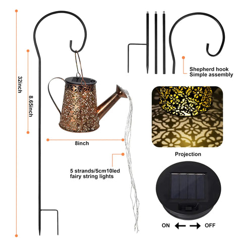 Watering Can Solar Lights With Cascading Glow For Outdoor Vibe Hanging Lantern For Garden Porch Patio Yard Decor kit.