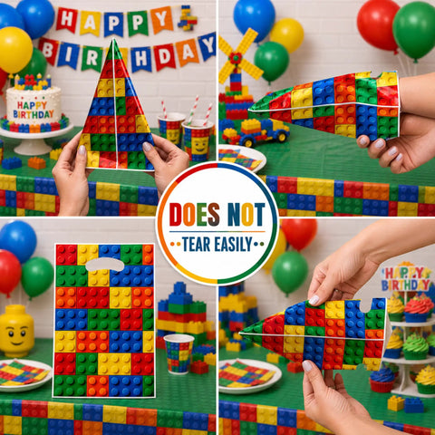 Pack Of Thirty Building Block Favor Bags With Reinforced Handles For Kids Treats And Candy Hella Festive Party Goodies Stash displayed in colorful setups.