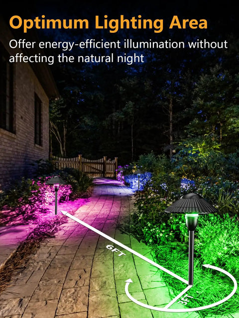 Low Voltage RGBW Landscape Lighting System 5W Color Changing Pathway Lights illuminating a garden path at night
