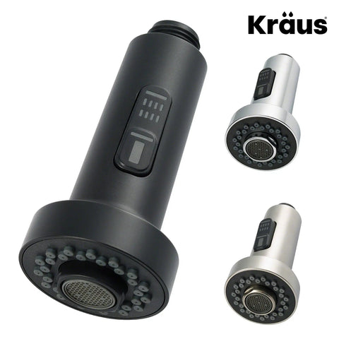 Dual Function Kitchen Faucet Sprayer in Matte Black With Spray And Stream Rocker Switch Easy Clean Nozzles And One Half Inch Connection For Most Kitchen Faucets, depicted with similar chrome models.