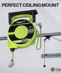 Auto Retracting 45 Foot Extension Cord Reel With 14 Gauge 14 3 AWG SJTW Cable mounted on a ceiling in a garage.
