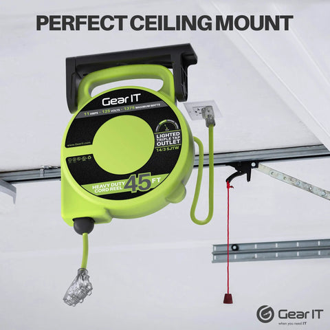 Auto Retracting 45 Foot Extension Cord Reel With 14 Gauge 14 3 AWG SJTW Cable mounted on a ceiling in a garage.