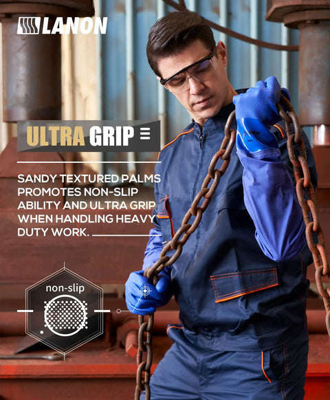 Worker in blue protective gear holding chain wearing 26 Inch PVC Chemical Resistant Gloves Heavy Duty Long Rubber Work Gloves
