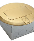 Round Pop Up Floor Box Kit With 6 Inch Cover, 20A Tamper Weather Resistant Outlet, brass top, and gray metal base for floors