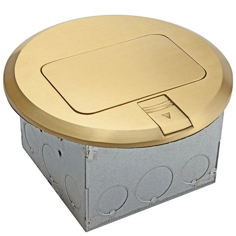 Round Pop Up Floor Box Kit With 6 Inch Cover, 20A Tamper Weather Resistant Outlet, brass top, and gray metal base for floors