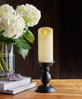 Scalloped Edge Flameless LED Candle Ivory 3x6.5 Inch Battery Operated With Moving Flame Real Wax Pillar on black holder