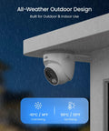 C220 8 Channel 4MP 2.5K PoE Security Camera System with 3K NVR mounted outdoors, showing rain resistance and temperature ratings.