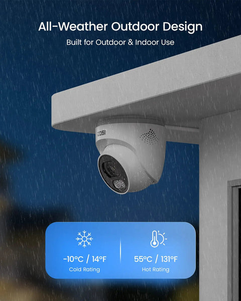 C220 8 Channel 4MP 2.5K PoE Security Camera System with 3K NVR mounted outdoors, showing rain resistance and temperature ratings.