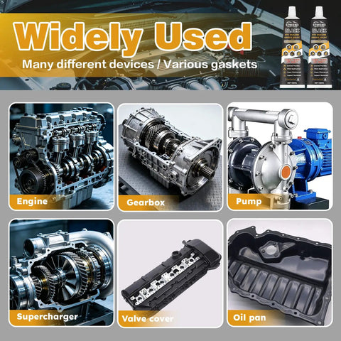 Heavy Duty RTV Gasket Sealant And High Temp Black Silicone Adhesive For Gearboxes Axles Pumps Superchargers shows various automotive components.