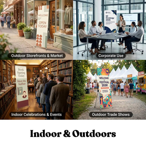 Heavy Duty Adjustable X Banner Stand With Sturdy Aluminum Frame And Durable Travel Case Perfect For Trade Shows Street Fairs Or Urban Hustles in various outdoor and indoor settings.