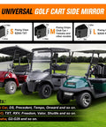 Universal golf cart side mirrors for Club Car and Yamaha carts, featuring sturdy fixing clips and clear visibility.