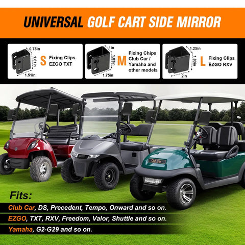 Universal golf cart side mirrors for Club Car and Yamaha carts, featuring sturdy fixing clips and clear visibility.