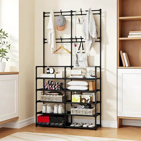 Five Tier Coat And Shoe Rack With Eight Hooks Double Row Organizer For Entryway And Living Spaces Keeps Shoes Hats Bags Neatly Organized In Black For Entryways Closets And Mudrooms Space Saver All In One showing neatly organized items and accessories