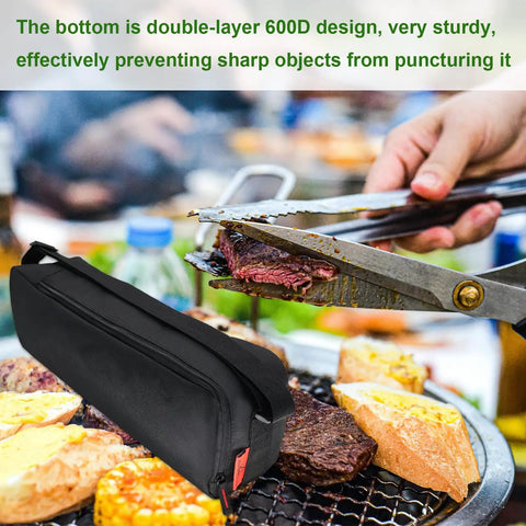 20 Inch Grill Tool Organizer Bag Heavy Duty Waterproof 600D Oxford Folding Storage with BBQ tools and meat on grill