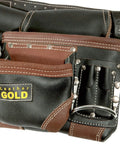Genuine Leather Framer Tool Belt with 10 Sliding Pouches and 3 Hammer Holders, shown in close-up with reinforced stitching detail.