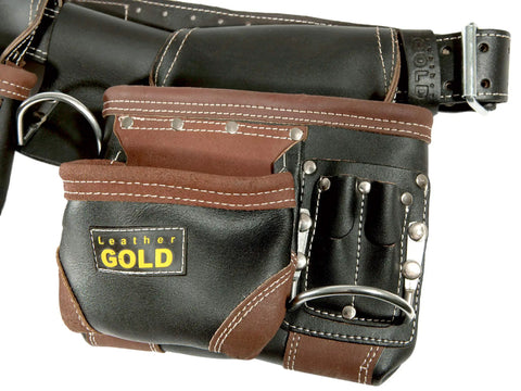 Genuine Leather Framer Tool Belt with 10 Sliding Pouches and 3 Hammer Holders, shown in close-up with reinforced stitching detail.