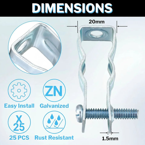 25 Pack EMT Conduit Hangers Kit With Bolts, Insulated Supports Or Threaded Rods, Galvanized Clamps, Dimensions Displayed