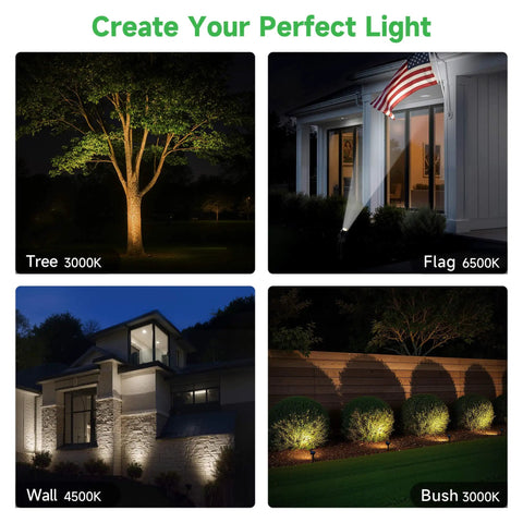 Outdoor Solar Spotlight 4 Pack With Adjustable Beams illuminating tree, flag, wall, and bush at night, showcasing various lighting modes.