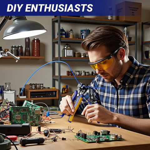 Man using Self Adjusting And Manual Wire Stripper Tool Set For 10 To 24 AWG Heavy Duty Electrical Strippers at workstation
