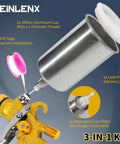 Heavy Duty Polished Aluminum Gravity Feed Spray Gun Paint Cup With One Thousand Milliliter Reservoir showing M16 thread and accessories.