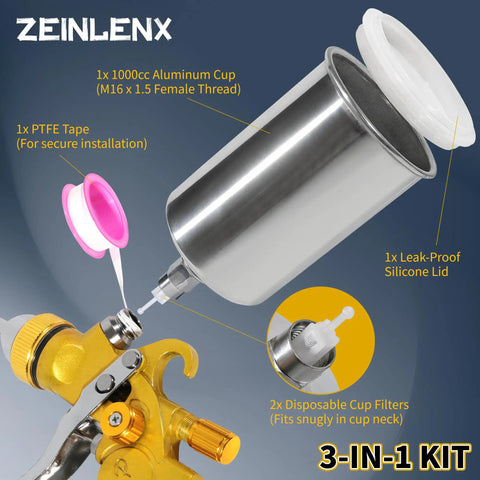 Heavy Duty Polished Aluminum Gravity Feed Spray Gun Paint Cup With One Thousand Milliliter Reservoir showing M16 thread and accessories.