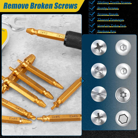 10 Pc HSS 6542 Screw Extractor Remover Kit For Stripped Rusty And Broken Hardware With Easy Removal Gold Finish, close-up