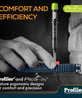 Top Tier Multifunction Scribing Tool Kit Featuring Self Locking Adjustment Pica Dry Long Life Automatic Pencil And Eight Versatile Refill Leads For Dead On Precision Marking And Hella Quick Layouts Black with ergonomic design used on a wood surface.