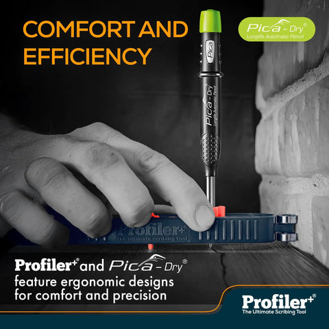 Top Tier Multifunction Scribing Tool Kit Featuring Self Locking Adjustment Pica Dry Long Life Automatic Pencil And Eight Versatile Refill Leads For Dead On Precision Marking And Hella Quick Layouts Black with ergonomic design used on a wood surface.