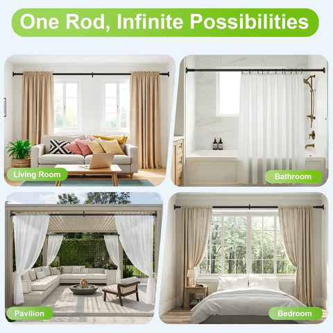 One Click Extendable Heavy Duty Tension Curtain Rod 41 To 165 Inch No Drilling Outdoor Rod For Patio Windows Shower Doorway Black in living room, bathroom, pavilion, and bedroom settings