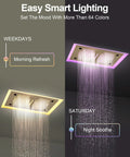 Hit Different Premium Brushed Gold Led Shower System With Bluetooth Speaker shows vibrant RGB lighting and rainfall feature.