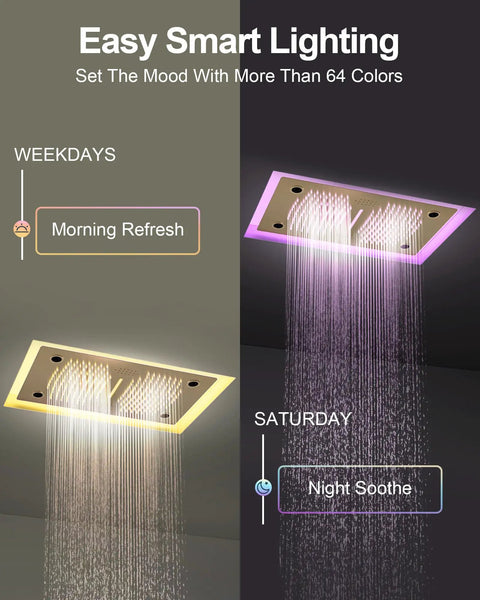 Hit Different Premium Brushed Gold Led Shower System With Bluetooth Speaker shows vibrant RGB lighting and rainfall feature.
